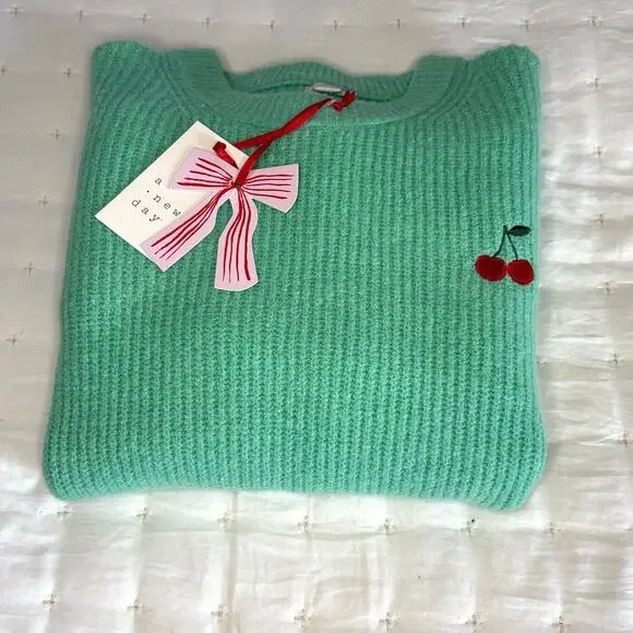 A New Day Cherry Motif Sweater Women's M | Mint Green | Crew Neck Knit | NWT - Picture 11 of 11